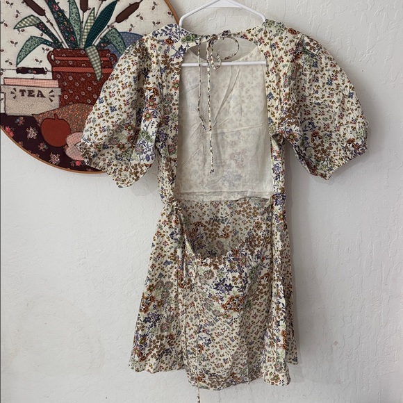 Olivaceous Floral Cream Purple Pink Orange Green Baby Doll Puff Sleeve Mini M - Picture 2 of 6